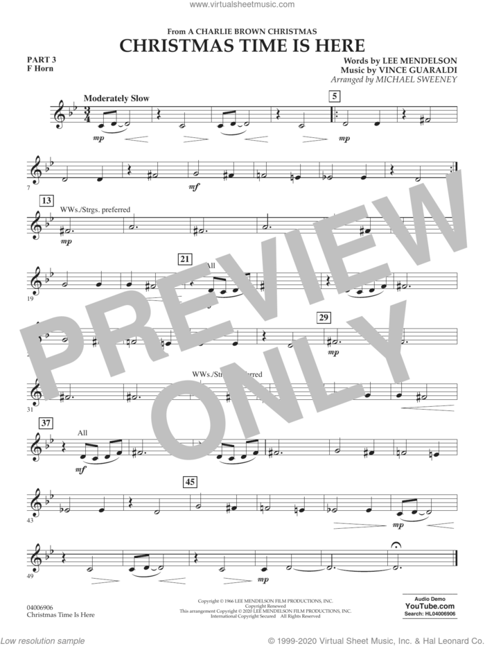 Christmas Time Is Here (arr. Michael Sweeney) sheet music for concert band (pt.3 - f horn) by Vince Guaraldi, Michael Sweeney and Lee Mendelson, intermediate skill level