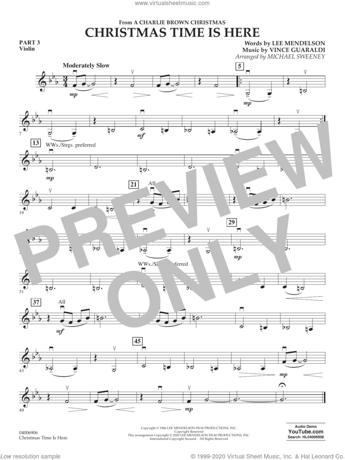 Christmas Time Is Here (arr. Michael Sweeney) sheet music for concert band (pt.3 - violin) by Vince Guaraldi, Michael Sweeney and Lee Mendelson, intermediate skill level