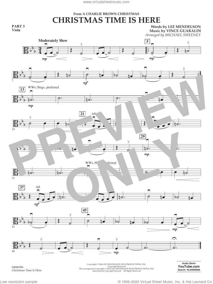 Christmas Time Is Here (arr. Michael Sweeney) sheet music for concert band (pt.3 - viola) by Vince Guaraldi, Michael Sweeney and Lee Mendelson, intermediate skill level