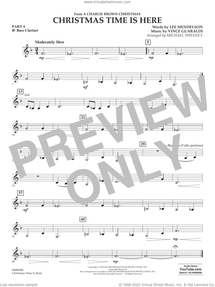 Christmas Time Is Here (arr. Michael Sweeney) sheet music for concert band (pt.4 - Bb bass clarinet) by Vince Guaraldi, Michael Sweeney and Lee Mendelson, intermediate skill level