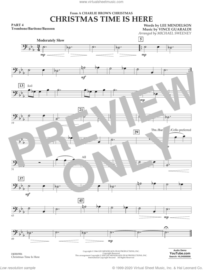 Christmas Time Is Here (arr. Michael Sweeney) sheet music for concert band (trombone/bar. b.c./bsn.) by Vince Guaraldi, Michael Sweeney and Lee Mendelson, intermediate skill level