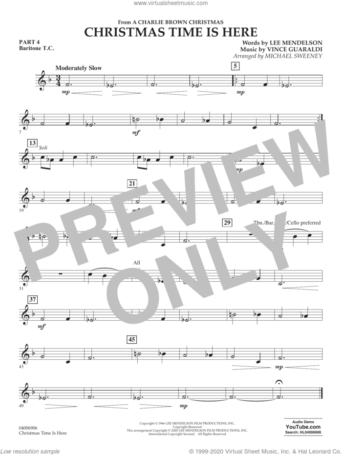 Christmas Time Is Here (arr. Michael Sweeney) sheet music for concert band (pt.4 - baritone t.c.) by Vince Guaraldi, Michael Sweeney and Lee Mendelson, intermediate skill level