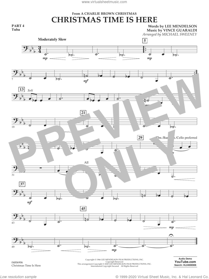 Christmas Time Is Here (arr. Michael Sweeney) sheet music for concert band (pt.4 - tuba) by Vince Guaraldi, Michael Sweeney and Lee Mendelson, intermediate skill level