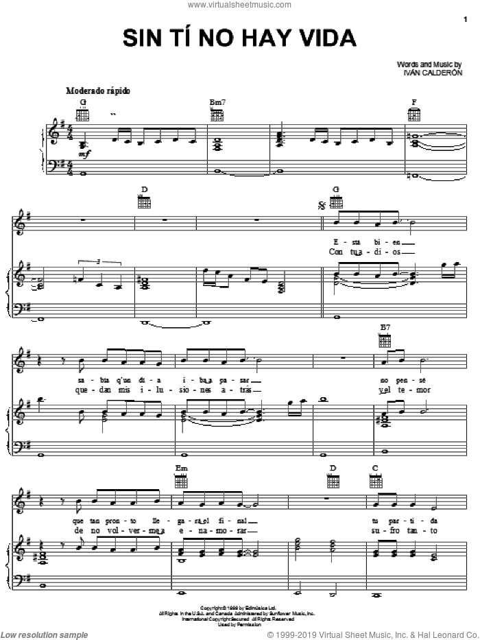 Sin Ti No Hay Vida sheet music for voice, piano or guitar by Iván Calderón, intermediate skill level