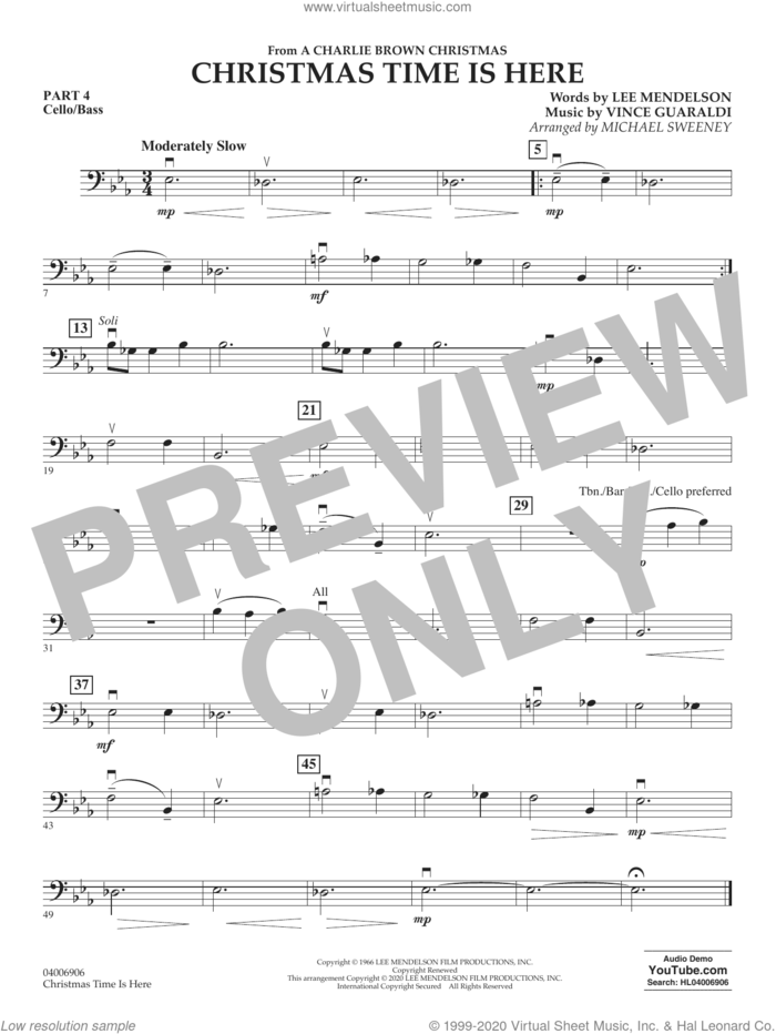 Christmas Time Is Here (arr. Michael Sweeney) sheet music for concert band (cello/bass) by Vince Guaraldi, Michael Sweeney and Lee Mendelson, intermediate skill level