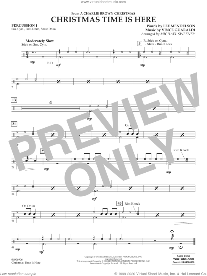 Christmas Time Is Here (arr. Michael Sweeney) sheet music for concert band (percussion 1) by Vince Guaraldi, Michael Sweeney and Lee Mendelson, intermediate skill level
