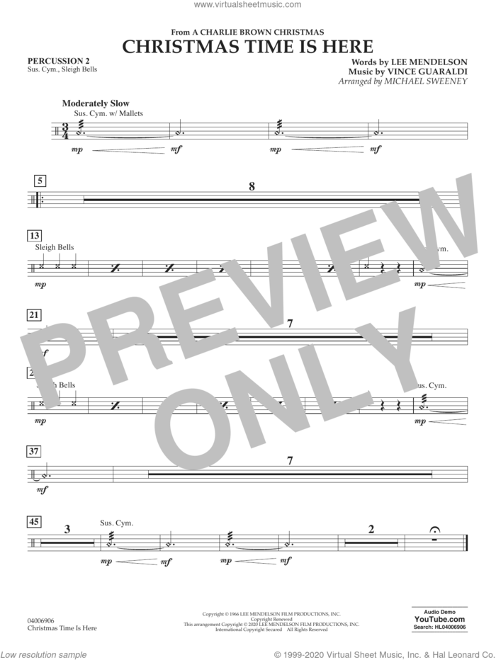 Christmas Time Is Here (arr. Michael Sweeney) sheet music for concert band (percussion 2) by Vince Guaraldi, Michael Sweeney and Lee Mendelson, intermediate skill level