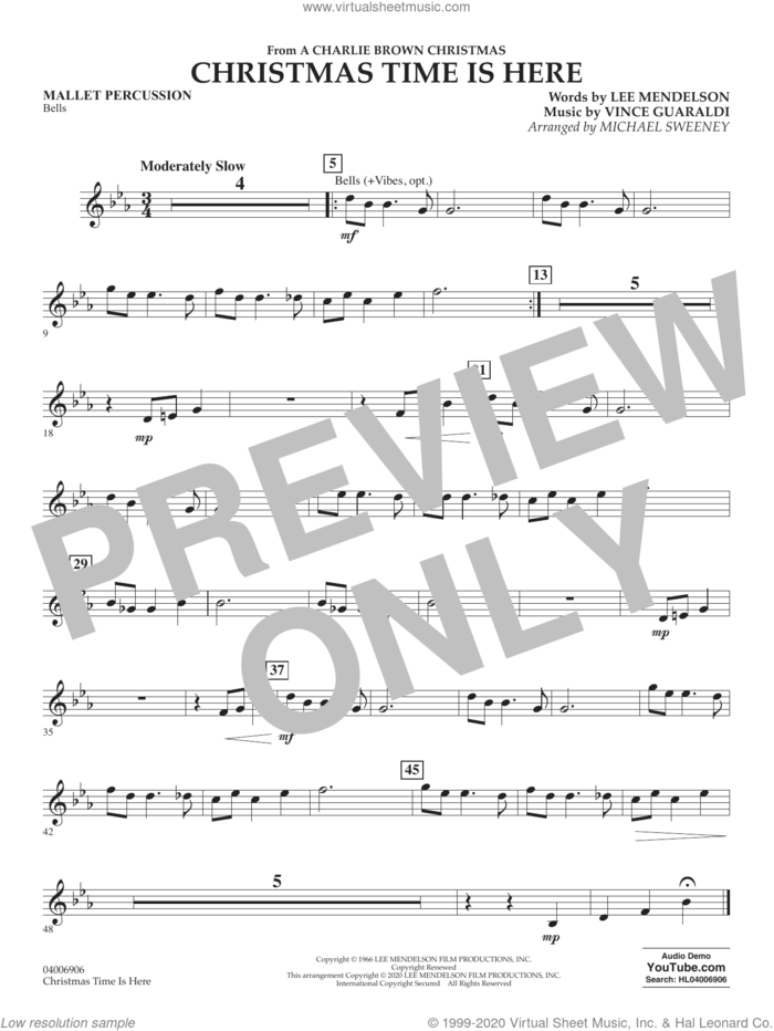 Christmas Time Is Here (arr. Michael Sweeney) sheet music for concert band (mallet percussion) by Vince Guaraldi, Michael Sweeney and Lee Mendelson, intermediate skill level