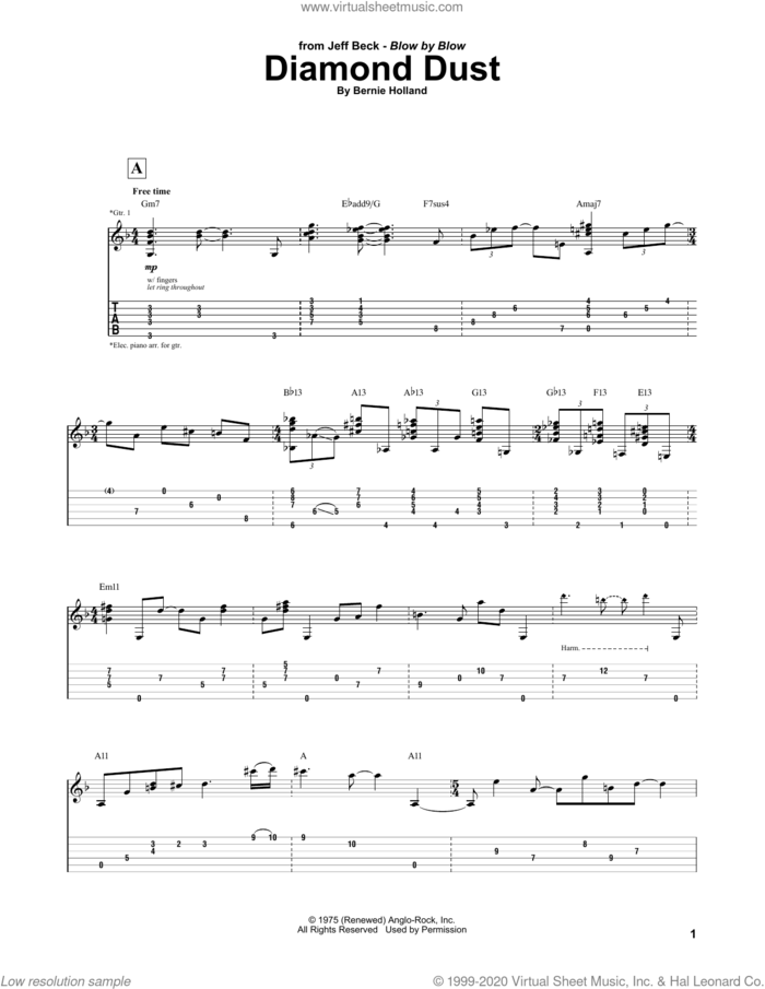 Diamond Dust sheet music for guitar (tablature) by Jeff Beck and Bernie Holland, intermediate skill level