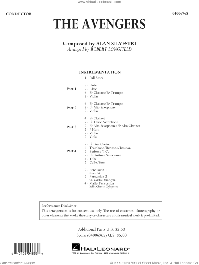 The Avengers (arr. Robert Longfield) (COMPLETE) sheet music for concert band by Robert Longfield and Alan Silvestri, intermediate skill level