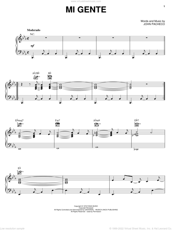 Mi Gente sheet music for voice, piano or guitar by Hector Lavoe and John Pacheco, intermediate skill level