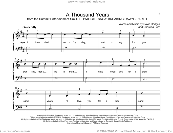 A Thousand Years sheet music for piano solo (elementary) by Christina Perri, John Thompson and David Hodges, wedding score, beginner piano (elementary)
