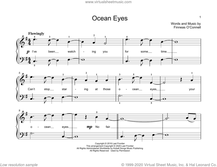 ocean eyes sheet music for piano solo (elementary) by Billie Eilish and John Thompson, beginner piano (elementary)