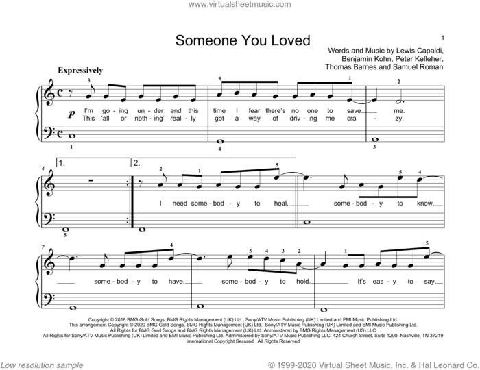 Someone You Loved sheet music for piano solo (elementary) by Lewis Capaldi, John Thompson, Benjamin Kohn, Peter Kelleher, Samuel Roman and Thomas Barnes, beginner piano (elementary)