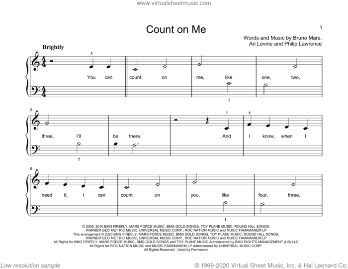 Count On Me sheet music for piano solo (elementary) by Bruno Mars, John Thompson, Ari Levine and Philip Lawrence, beginner piano (elementary)