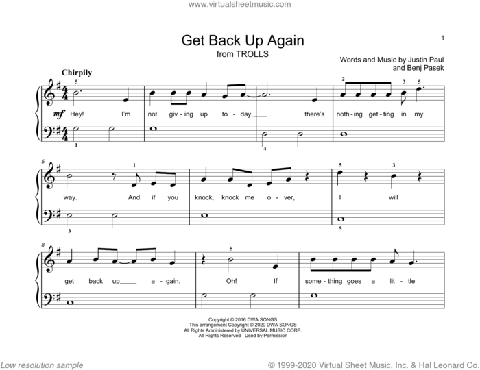 Get Back Up Again (from Trolls) sheet music for piano solo (elementary) by Anna Kendrick, John Thompson, Benj Pasek and Justin Paul, beginner piano (elementary)