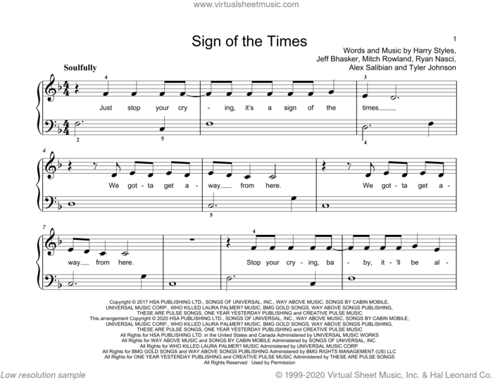 Sign Of The Times sheet music for piano solo (elementary) by Harry Styles, John Thompson, Alex Salibian, Jeff Bhasker, Mitch Rowland, Ryan Nasci and Tyler Johnson, beginner piano (elementary)
