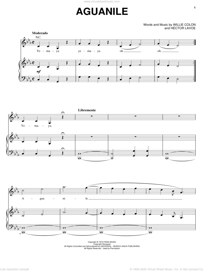 Aguanile sheet music for voice, piano or guitar by Hector Lavoe and Willie Colon, intermediate skill level