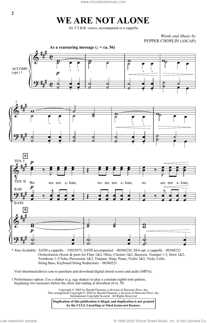 We Are Not Alone sheet music for choir (TTBB: tenor, bass) by Pepper Choplin, intermediate skill level