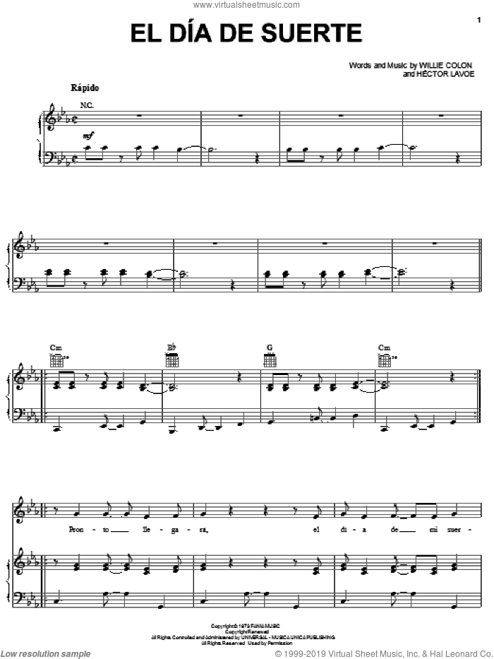 El Dia De Suerte sheet music for voice, piano or guitar by Hector Lavoe and Willie Colon, intermediate skill level