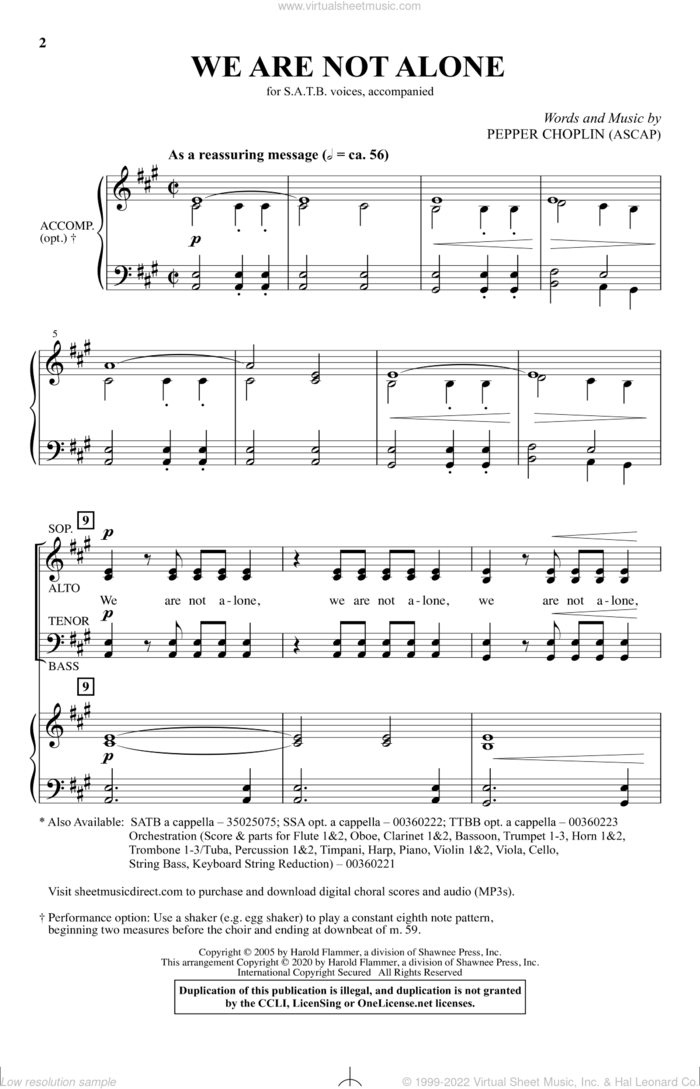 We Are Not Alone sheet music for choir (SATB: soprano, alto, tenor, bass) by Pepper Choplin, intermediate skill level
