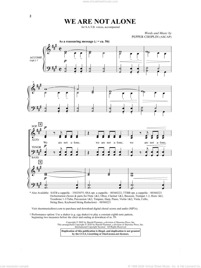 We Are Not Alone sheet music for choir (SATB: soprano, alto, tenor, bass) by Pepper Choplin, intermediate skill level