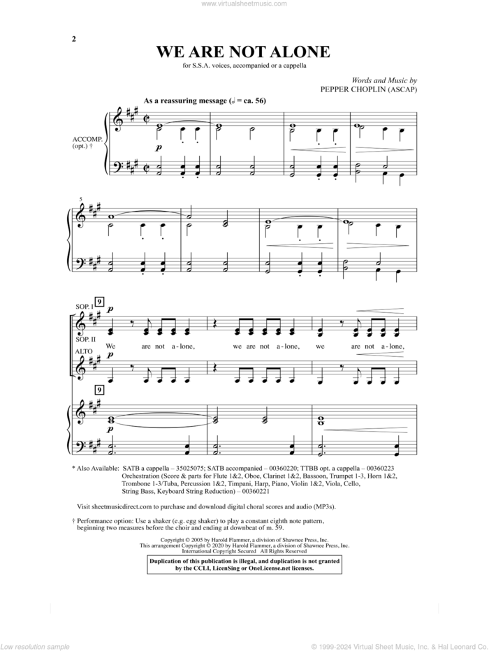 We Are Not Alone sheet music for choir (SSA: soprano, alto) by Pepper Choplin, intermediate skill level