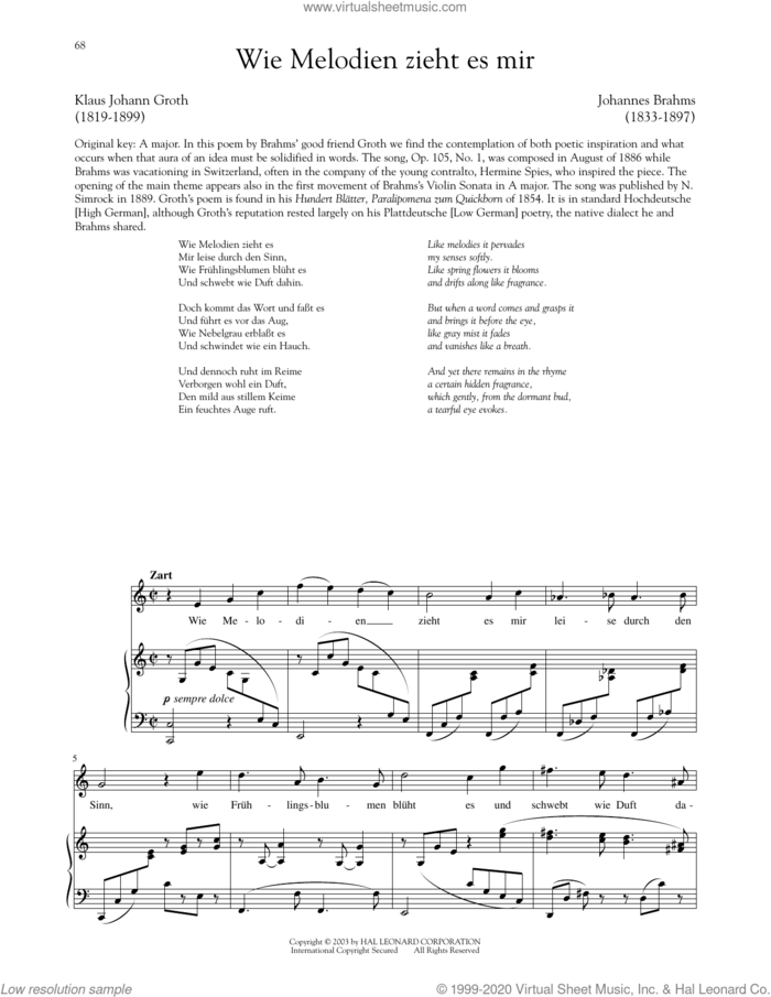 Wie Melodien Zieht Es Mir, Op. 105, No. 1 sheet music for voice and piano by Johannes Brahms and Richard Walters, classical score, intermediate skill level