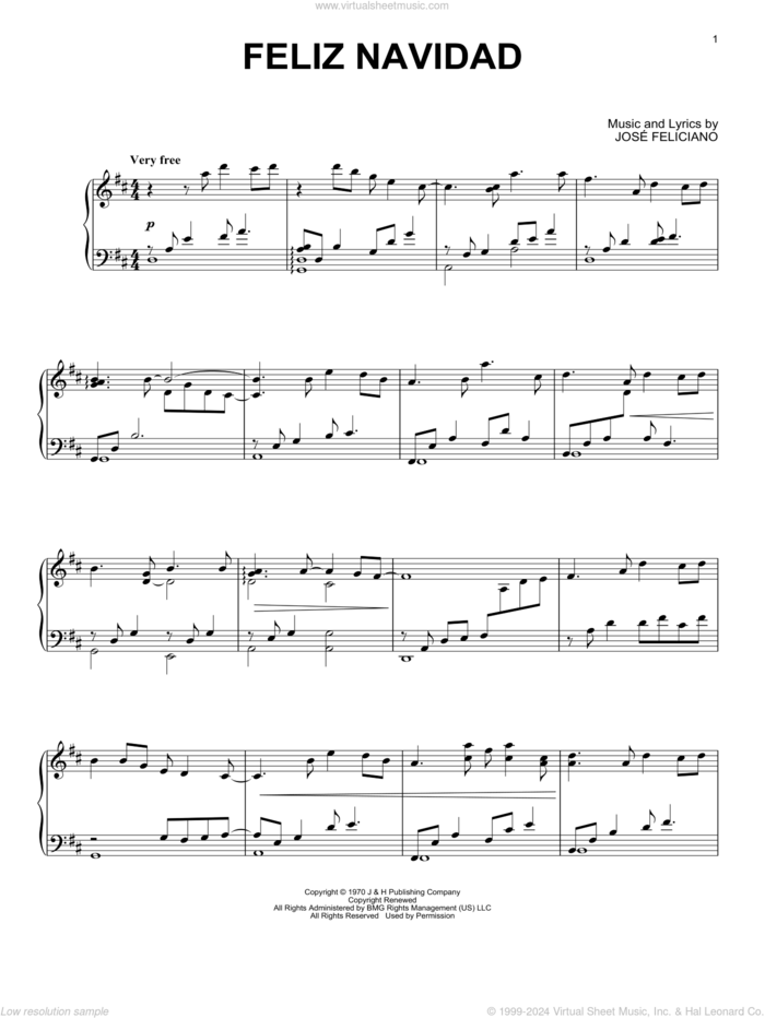 Feliz Navidad sheet music for piano solo by Alexis Ffrench and Jose Feliciano, classical score, intermediate skill level