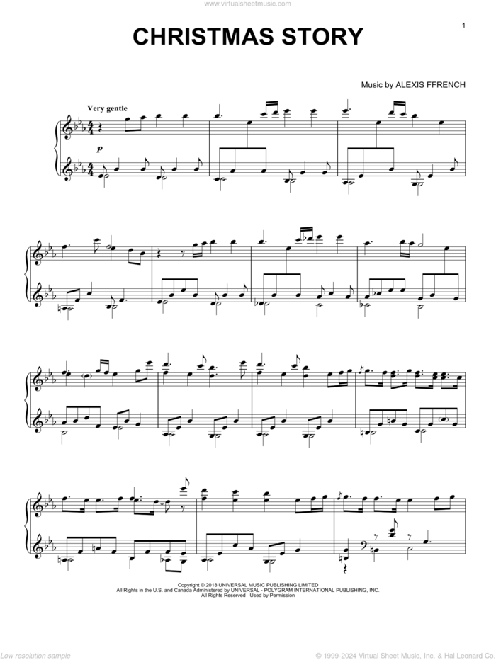 Christmas Story sheet music for piano solo by Alexis Ffrench, intermediate skill level