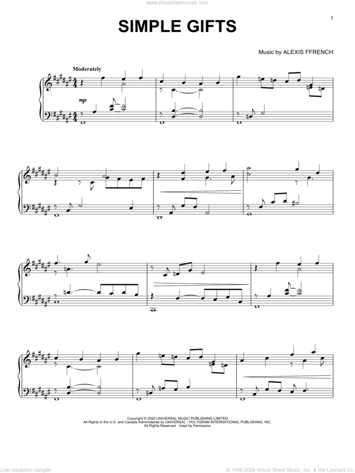 Simple Gifts sheet music for piano solo by Alexis Ffrench, intermediate skill level