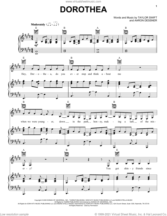 dorothea sheet music for voice, piano or guitar by Taylor Swift and Aaron Dessner, intermediate skill level