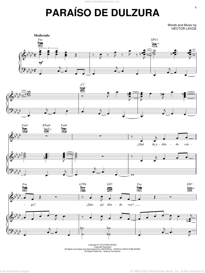 Paraiso De Dulzura sheet music for voice, piano or guitar by Hector Lavoe, intermediate skill level