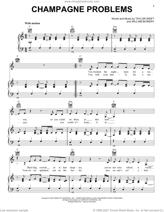 champagne problems sheet music for voice, piano or guitar by Taylor Swift and William Bowery, intermediate skill level