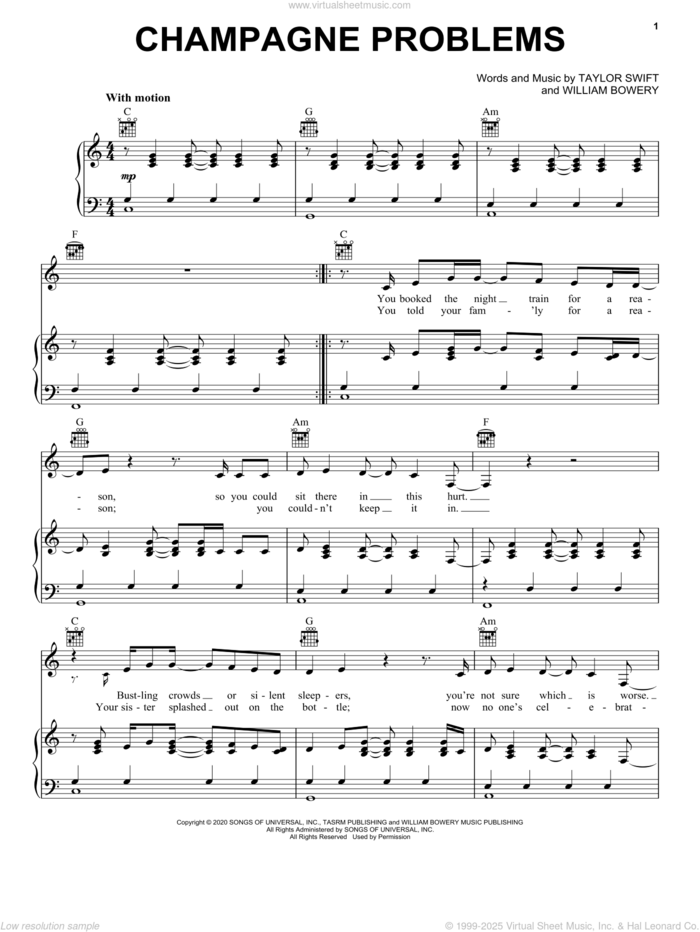 champagne problems sheet music for voice, piano or guitar by Taylor Swift and William Bowery, intermediate skill level