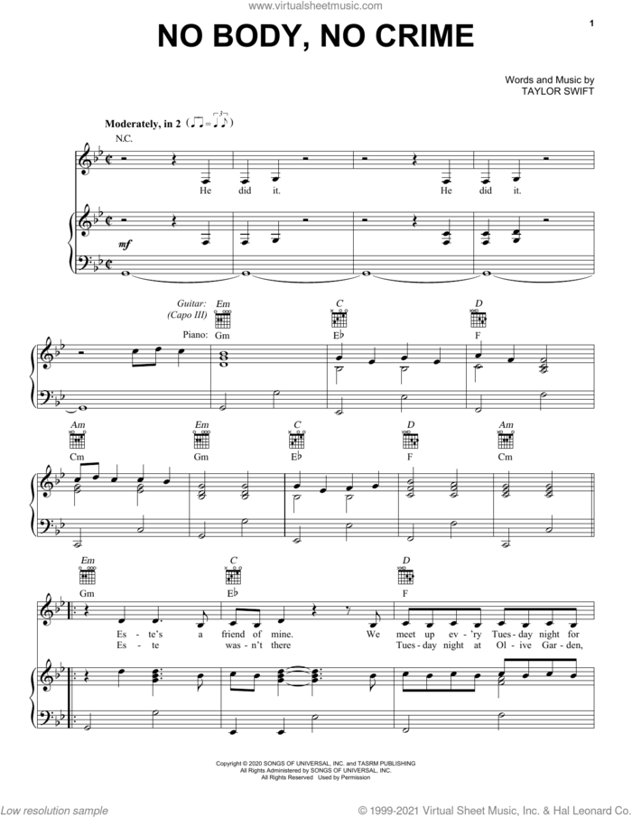 no body, no crime (feat. HAIM) sheet music for voice, piano or guitar by Taylor Swift, intermediate skill level