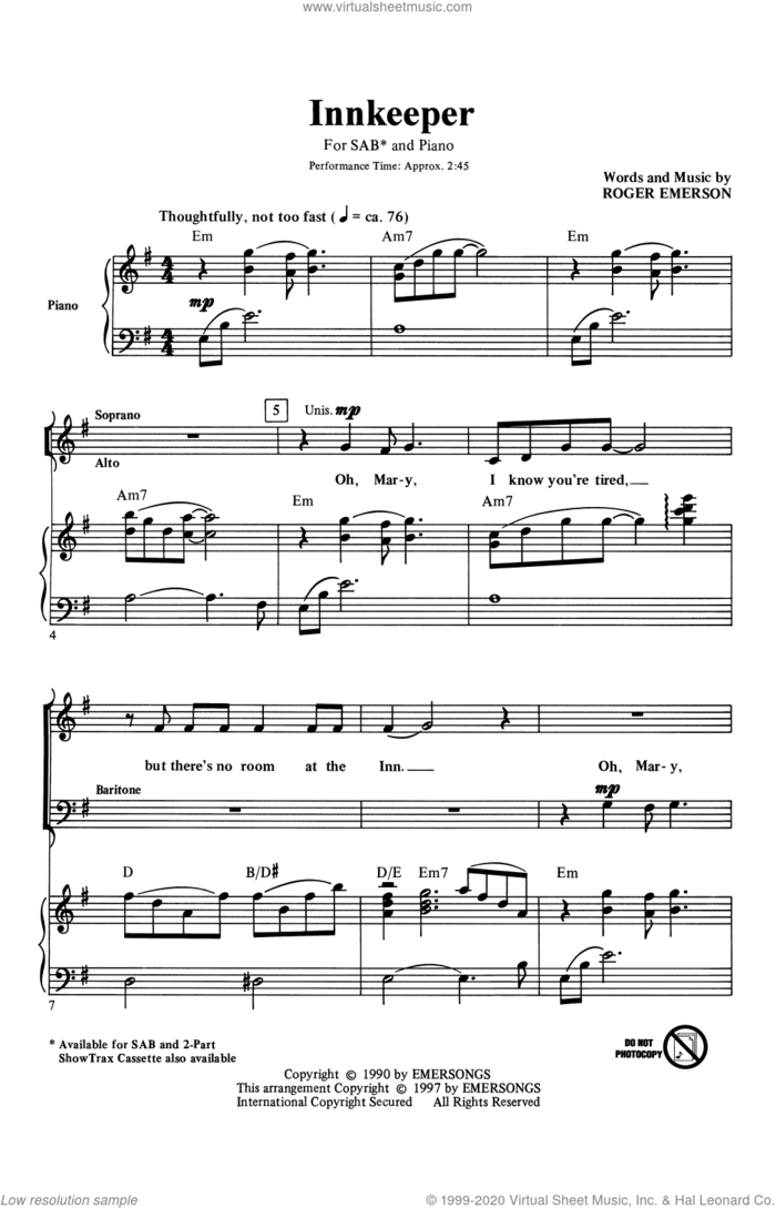 Innkeeper sheet music for choir (SAB: soprano, alto, bass) by Roger Emerson, intermediate skill level