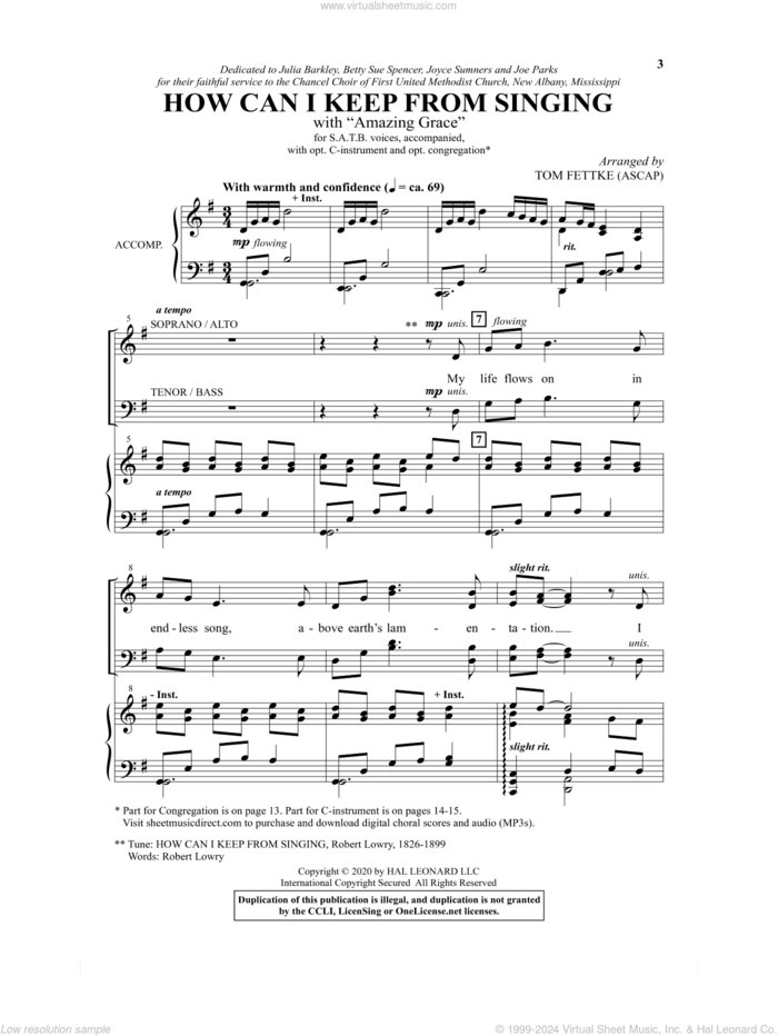 How Can I Keep From Singing (with 'Amazing Grace') sheet music for choir (SATB: soprano, alto, tenor, bass) by Robert Lowry and Tom Fettke, intermediate skill level