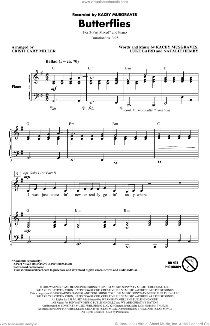 Butterflies (arr. Cristi Cary Miller) sheet music for choir (3-Part Mixed) by Kacey Musgraves, Cristi Cary Miller, Luke Laird and Natalie Hemby, intermediate skill level