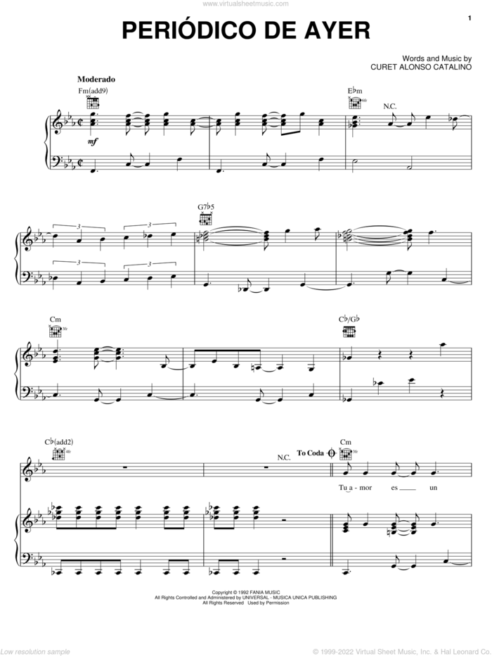 Periodico De Ayer sheet music for voice, piano or guitar by Hector Lavoe and Curet Alonso Catalino, intermediate skill level