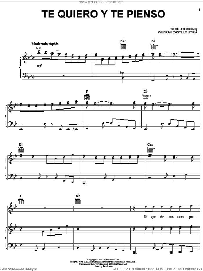 Te Quiero Y Te Pienso sheet music for voice, piano or guitar by Wilfrán Castillo Utria and Wilfran Castillo Utria, intermediate skill level