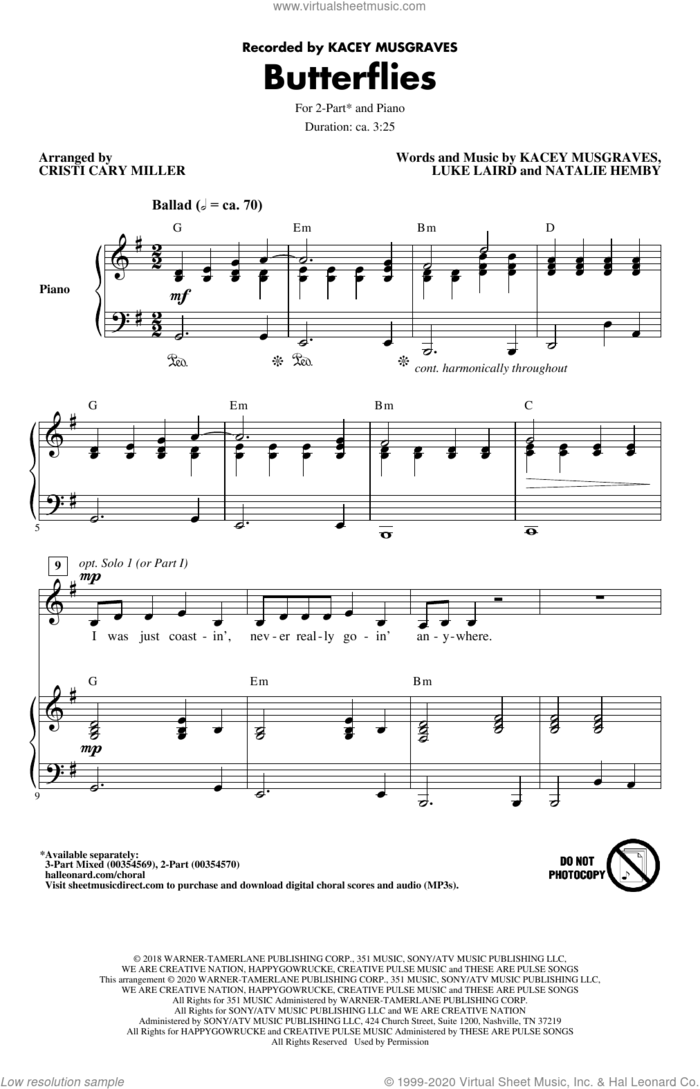 Butterflies (arr. Cristi Cary Miller) sheet music for choir (2-Part) by Kacey Musgraves, Cristi Cary Miller, Luke Laird and Natalie Hemby, intermediate duet