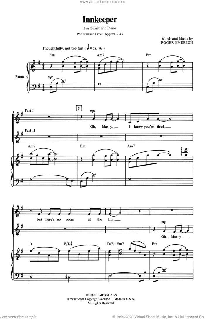 Innkeeper sheet music for choir (2-Part) by Roger Emerson, intermediate duet