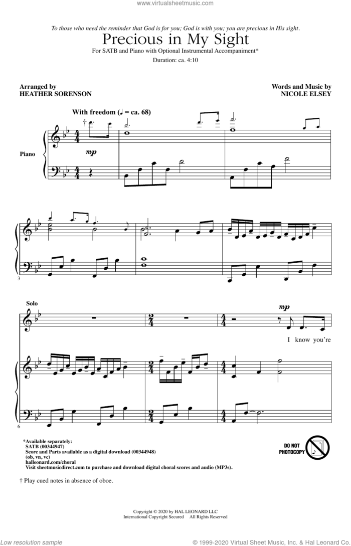 Precious In My Sight (arr. Heather Sorenson) sheet music for choir (SATB: soprano, alto, tenor, bass) by Nicole Elsey and Heather Sorenson, intermediate skill level