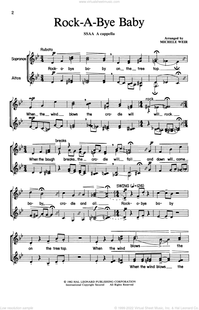 Rock-A-Bye, Baby (arr. Michele Weir) sheet music for choir (SSAA: soprano, alto)  and Michelle Weir, intermediate skill level