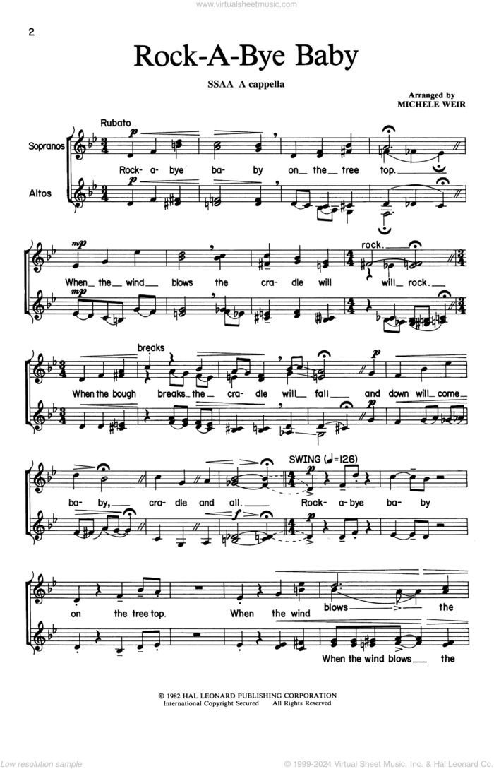 Rock-A-Bye, Baby (arr. Michele Weir) sheet music for choir (SSAA: soprano, alto)  and Michelle Weir, intermediate skill level