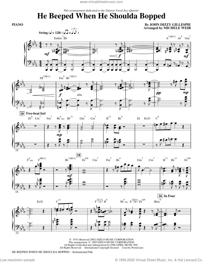 He Beeped When He Shoulda Bopped (arr. Michele Weir) (complete set of parts) sheet music for orchestra/band (Rhythm) by Dizzy Gillespie, John Dizzy Gillespie and Michelle Weir, intermediate skill level