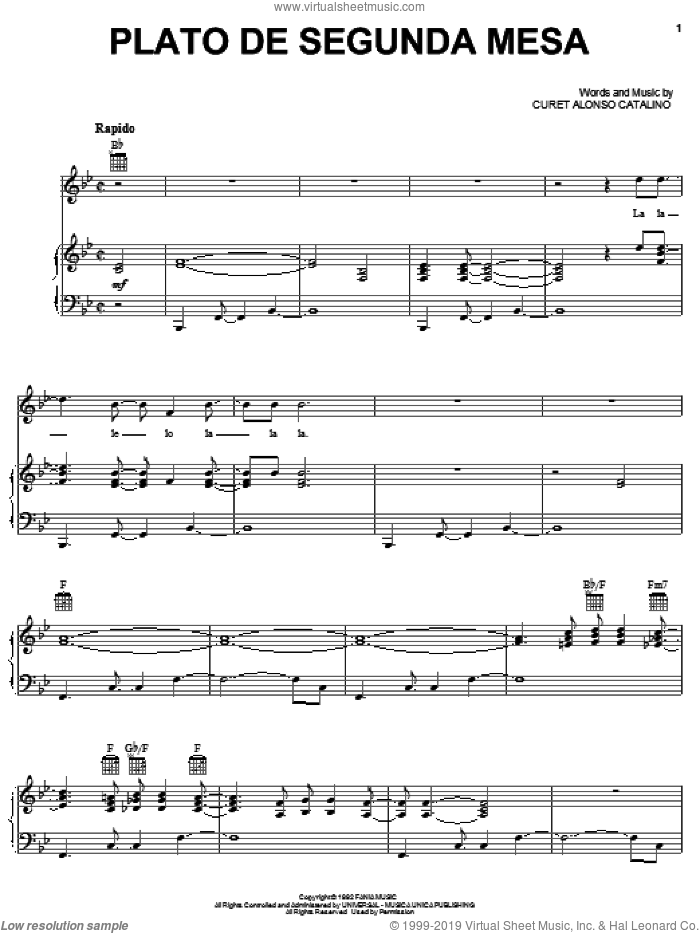 Plato De Segunda Mesa sheet music for voice, piano or guitar by Hector Lavoe and Curet Alonso Catalino, intermediate skill level