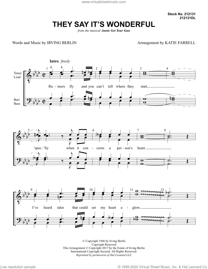 They Say It's Wonderful (from Annie Get Your Gun) (arr. Katie Farrell) sheet music for choir (TTBB: tenor, bass) by Irving Berlin and Katie Farrell, intermediate skill level