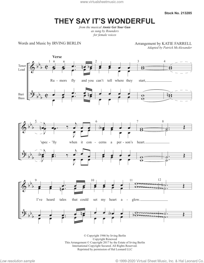 They Say It's Wonderful (from Annie Get Your Gun) (arr. Katie Farrell) sheet music for choir (SSAA: soprano, alto) by Irving Berlin and Katie Farrell, intermediate skill level